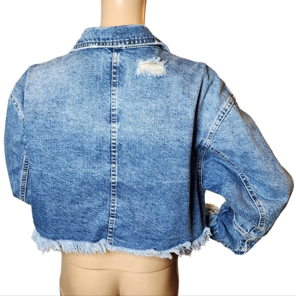 Zara Freyed Hem Distressed Denim Blue Jean‎ Jacket Size Small Hi-Low Crop